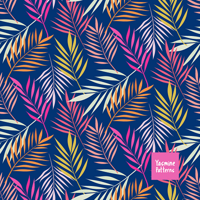 Tropical Palm leaves pattern in pink and orange on navy blue bac design exotic graphic design illustration palm leaves pattern seamless pattern summer pattern surface designer textile designer tropical tropical leaves vector