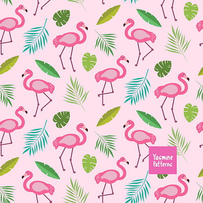 Cute Pink Flamingo pattern with green tropical leaves design fabric designer flamingo illustration graphic design illustration palm leaves seamless pattern summer design surface designer textile designer tropical illustration tropical pattern vector