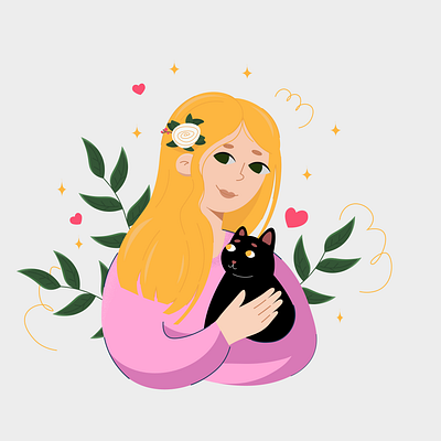 Девушка с черным котом graphic design illustration vector