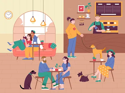 Dog friendly cafe adobe illustrator cafe character characterdesign design dog flat flat design girl illustration man vector