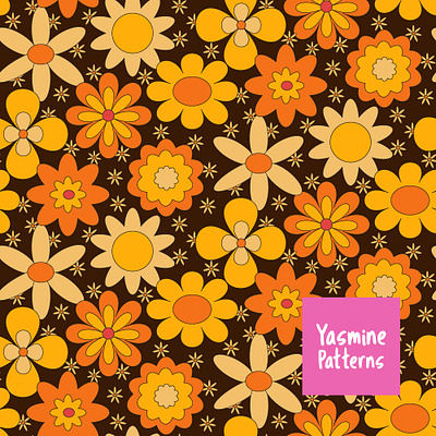 Retro 70s Orange and Yellow Groovy Flowers Pattern 70s design floral illustration floral pattern funky graphic design groovy illustration retro pattern seamless pattern surface designer textile designer vector
