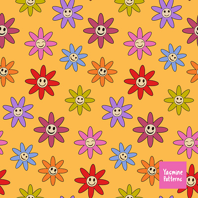 Colorful Happy Smiley Flowers pattern colorful flowers design fabric designer floral pattern graphic design illustration kawaii flowers pattern retro smiley flowers stationary surface designer textile designer vector
