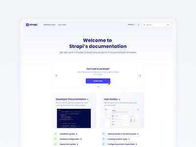 New homepage for Strapi's documentation 🏠 call to actions cards carousel cms components content writer design system docs documentation gradient guides headless cms homepage landing page learn navigation slider strapi thumbnail user