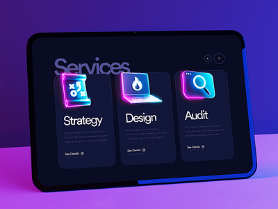 Services page 3d app cards dark design interface mobile services ui ux