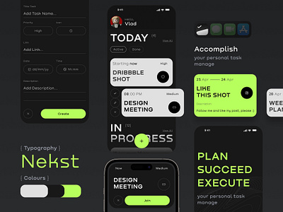 Accomplish - task manager app daily ui dark dashboard design figma green interface mobile mobile design product task ui ux web