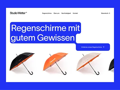 Studio Wetter Sustainable Umbrellas Hero Concept | Shop blue clean design ecommerce header hero minimal shop sustainable sustainable umbrellas typography ui ui design umbrella umbrella landingpage ux ux design web web design website
