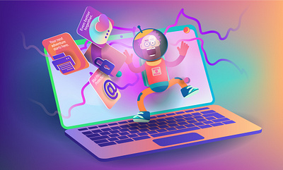 cartoon astronaut falls on laptop screen and web application ico future