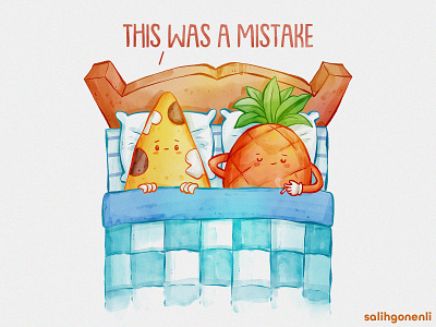 One Night Mistake cartoon cute digital art editorial food foods funny hand drawn illustration pineapple pizza