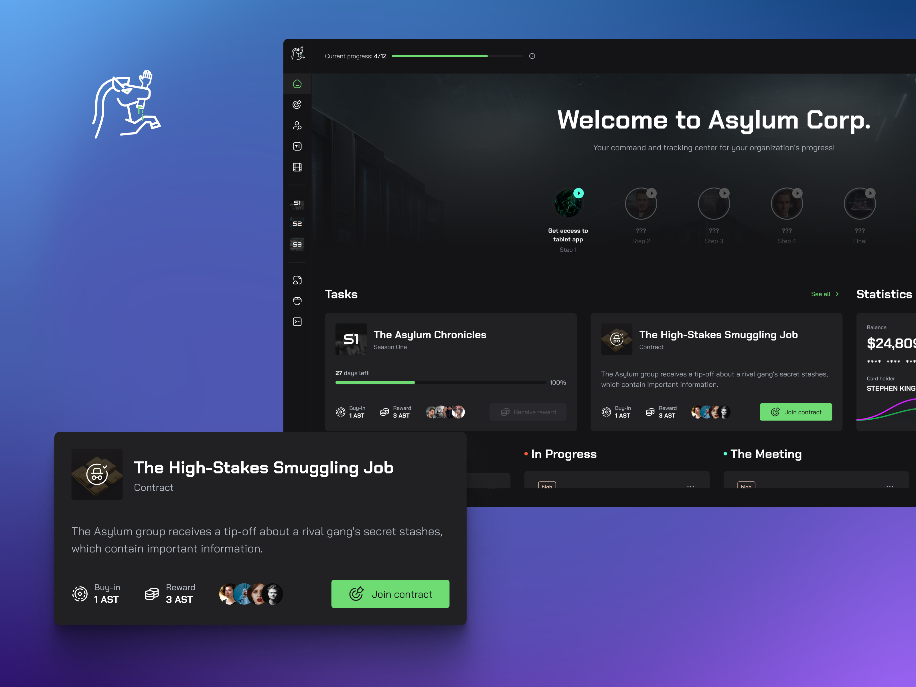 Asylum Corp - Escape Reality, Embrace City animation content dashboard gaming streaming tasks ui ux