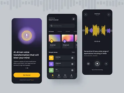 ToneShift - AI Voice Changer App - Dark Mode ai app cartoon changer daily challange dailyui dark design figma generative ai gradient mobile app mobile app design mobile ui mode modern ui uiux ux voice