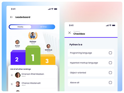 Live Quiz Mobile App Redesign - Leaderboard & Questions app design award branding clean app clean design competitions components dashboard exam app figma leaderboard live quiz lms app minimal design mobile questions quiz quiz app ranking ranks