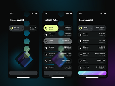 Crypto wallet mobile app UI/UX design, Send, Select a walllet app crypto crypto app crypto wallet app dark mode design finance app glassmorphism glassmorphism icons gradient graphic design holographic illustration logo mobile select a wallet send crypto ui ux wallet app