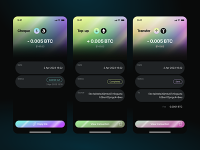 Crypto wallet mobile app, History, Cheque, Top-up, Transfer app cheque crypto wallet app design graphic design history illustration mobile top up transfer ui ux