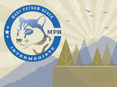 MPH Middle School Logo art birds blue branding design gold graphic design illustration logo middle school modern mountain lion mountains sunrise trees vector