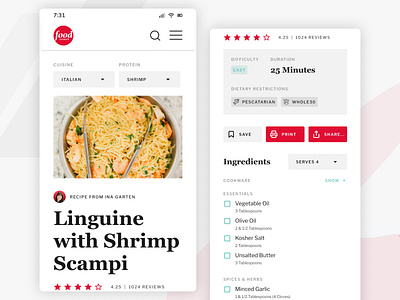 Food Blog Redesign (Food Network) app design app ui blog mobile app mobile design product ui recipe