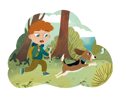 Boy and dog in the woods book illustration boy character children children book illustration childrensbook dog illustration kidlitart picture book