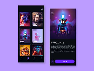 NFT Game Cards art blockchain burn buy cards collection crypto design game marketplace mobile app nft sell send ui uiux web3