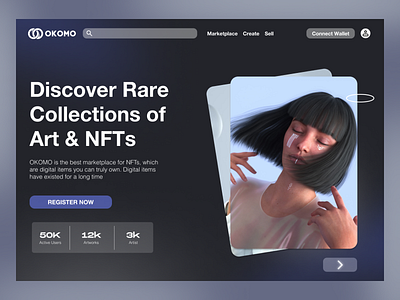OKOMO - NFT Marketplace Website Homepage 3d branding homepage nft ui website