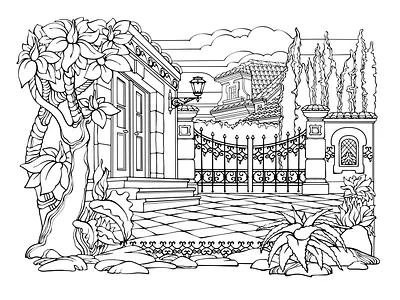 Little Cozy Town. Printable coloring page for adults. Vector. little cozy town