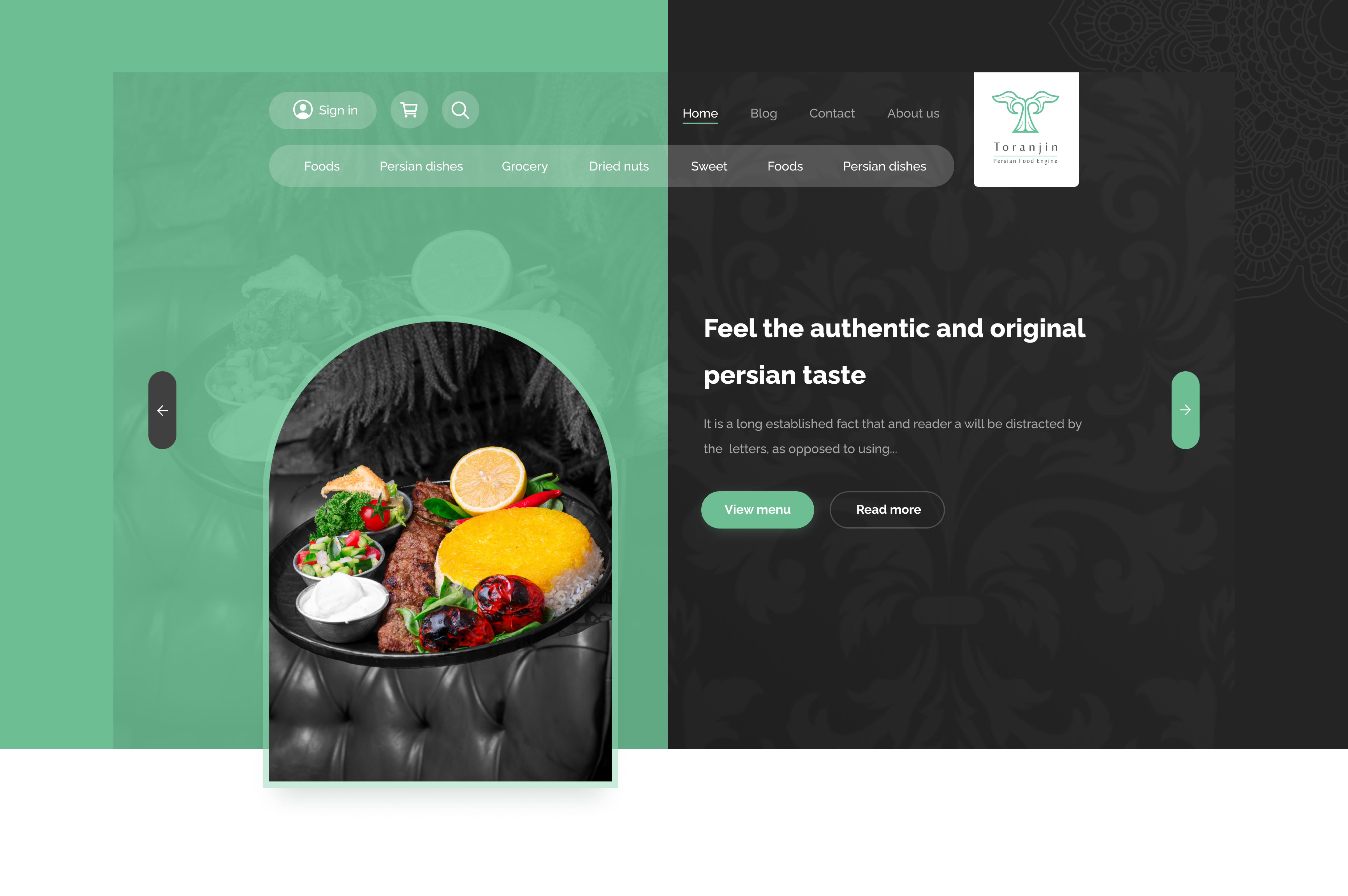 Toranjin food black branding food food delivery graphic design green landing minimalism persian persian food restaurant shop trend ui ui design ux web website