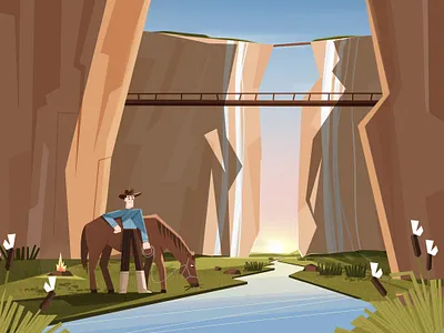 Golden hour 2d art character design fire flat horse illustration illustrator landscape logo minimal mountain nature plants river rocks sunset vector water