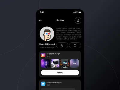 Profile - DC #6 all in one all link app design dark profile landing mobile link service mobile dashboard mobile profile profile reza n.musavi reza nezhadmusavi rezanmdesign short link social media service ui ui design user profile
