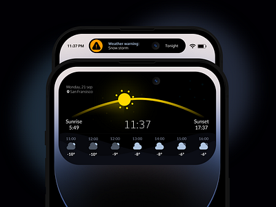 Weather App - Dynamic island alram for dynamic island apple apple app application design beautiful dark design dynamic island iphonedynamic island notification sunrise sunset temperature ui weather weather alarm weather notifications weather widget widget widget customization