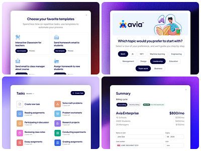 Avia education platform ai design checkout colorful component dashboard design system forms manager micro interaction nft summary task management topic vui