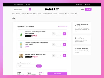 Panda — Cart & Checkout card cart checkout clean cosmetics design design systems ds gradients korean minimal modern products shop slider store tender ui ux web