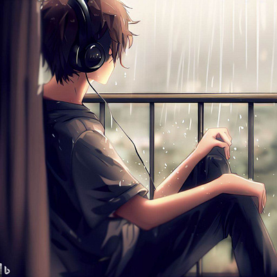 A anime boy listening to music and watching rain fall anime design graphic design illustration rain