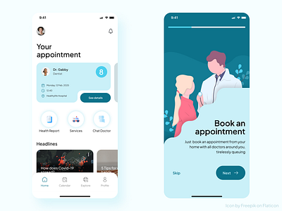 Healthcare App Exploration app appointment blue concept dashboard design health healthcare icon navigation bar onboarding progress bar ui uiux userinterfacedesign