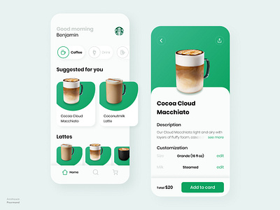 Starbucks UI Concept animation bottom bar bottom navigation cafe card category coffee concept delivery drink green list options order price prototype purchase redesign starbucks store