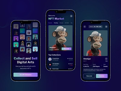 NFT Marketplace appdesign artmarketplace blockchain crypto cryptoart darktheme design digitalart digitalartwork digitalassets digitalownership futuristicdesign homepage minimalistdesign nftdetailpage nftmarketplace nfts splashscreen ui ux