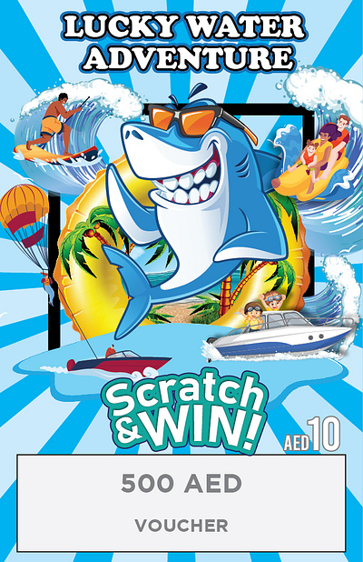 Scratch & Win Lucky Water Adventure adventure branding design graphic design illustration logo luckdraw lucky scratch shark typography vector water water adventure win