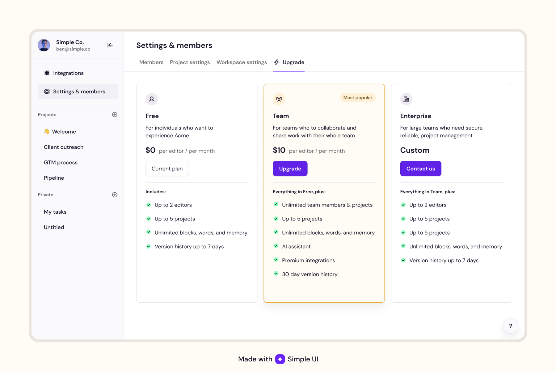 Simple UI Pricing Page design system form freelance pricing product product design saas settings simple ui startup ui ui kit ux