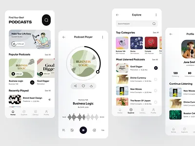 Podcast Mobile App Design app app design audio podcast fm live streming minimal mobile mobile app mobile app design mobile ui podcast podcast app podcast streming podcast ui recoding story streming ui design