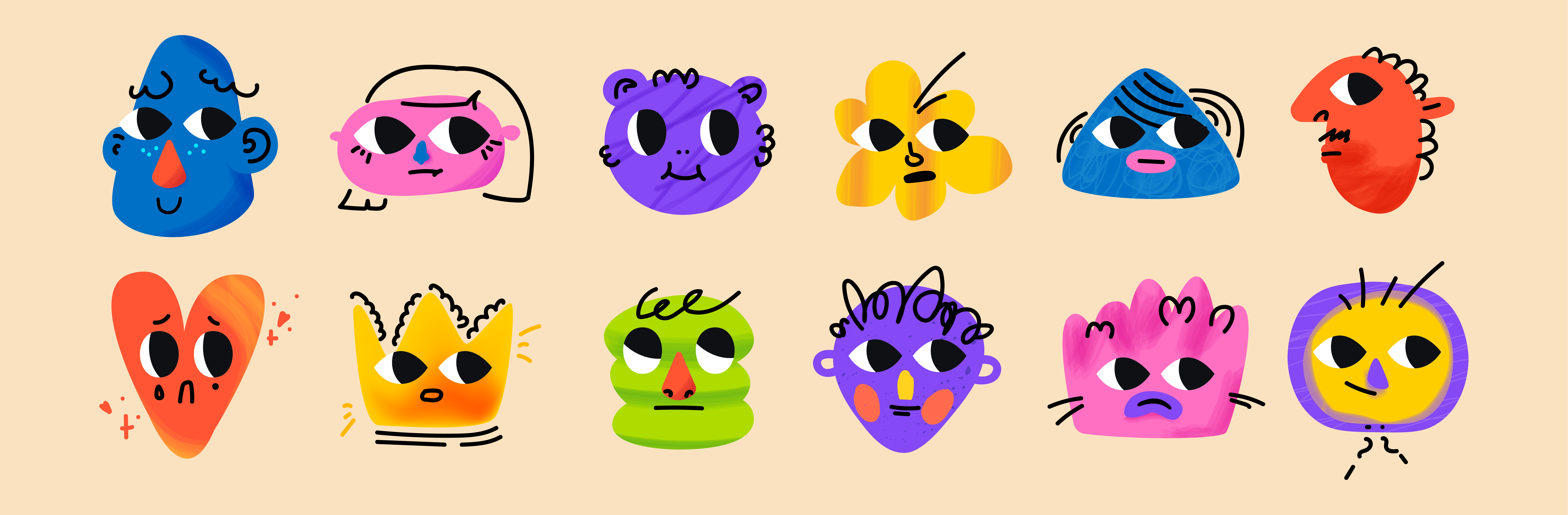 Faces abstract avatar bright cartoon character contemporary cute doodle emotion face gradient groovy happy heart illustration purple sad simple texture vector