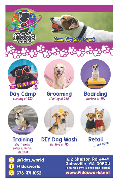 Fido's World Dog Park Flyer adobe indesign brochure dog boarding dog grooming dog park flyer graphic design marketing stock photos