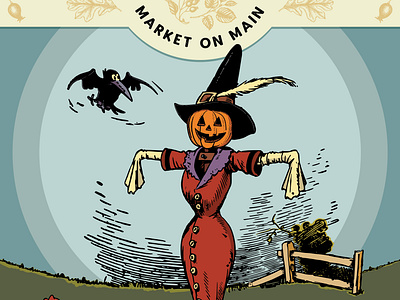 Fall-O-Ween Banner Illustration banner crow falloween fence field halloween illustration illustrator market on main not scary pumpkin scarecrow thanksgiving whimsical witch