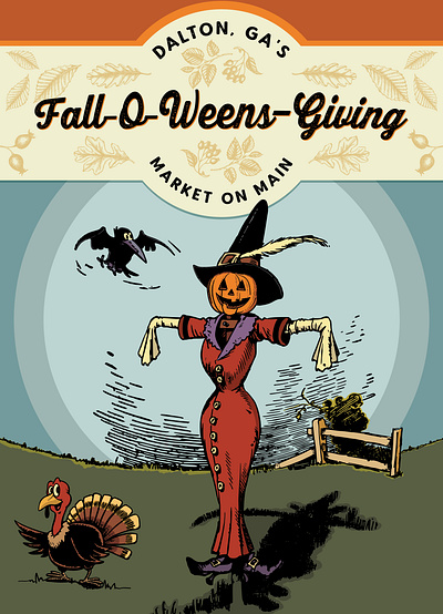 Fall-O-Ween Banner Illustration banner crow falloween fence field halloween illustration illustrator market on main not scary pumpkin scarecrow thanksgiving whimsical witch