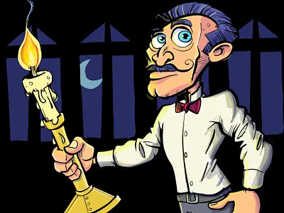 Spooky house investigation adobe fresco cartoon character humour illustration