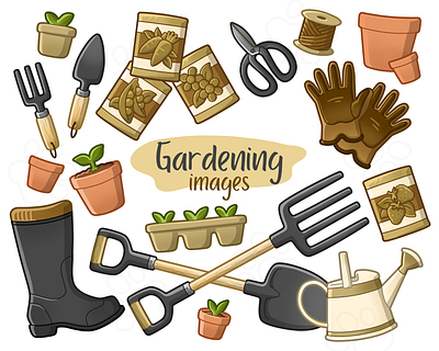 Gardening - Rustic black metal clipart design garden tool set illustration natural wood png stylish garden tools