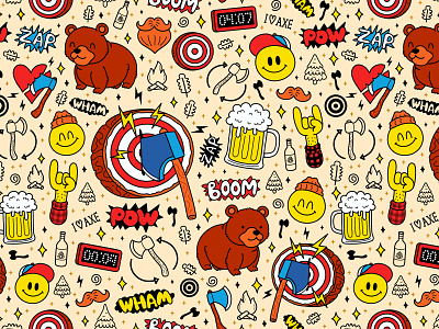 Axe throwing pattern art axe bear beer canada cartoon character competition cute fest hipster illustration kawaii lumberjack pattern pop poster throw throwing tree
