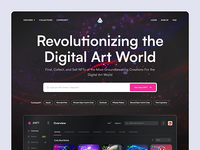 NFT Web Landing Page - ANFT animation bitcoin blockchain clean crypto crypto trading cryptocurrency dark dashboard design home page illustration landing page modern nft saas trading web design website design