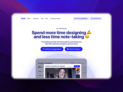 tl;dv - AI Meeting Note-taking App Landing Hero ai meeting ai notes conference conferencing meeting app meeting website note taking platform saas video call video conference video conferencing website video meeting virtual virtual meeting