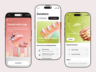 Donation functionality in banking app app banking charity concept donating donation fintech green energy money online social impact sustainability ui