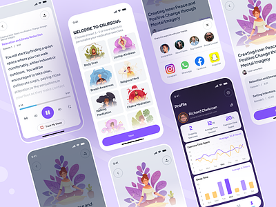 CalmSoul - Meditation Apps body scan calmsoul chakra clean empower exercise meditation mental mobile mobile apps meditation profile session share soul apps track my sleep tracker ui ux woman yoga
