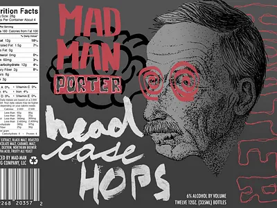 MAD MAN Porter "Head Case Hops" - Beer Label Design beer branding brewery design graphic design hand drawn illustration logo packaging design porter typography