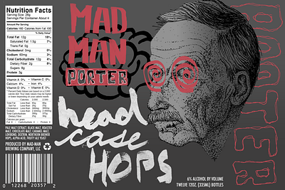 MAD MAN Porter "Head Case Hops" - Beer Label Design beer branding brewery design graphic design hand drawn illustration logo packaging design porter typography