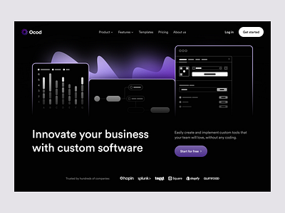 Ocod - Custom software landing page app design art illustration b2b branding build code dark theme digital product hero section homepage landing page product saas ui ux visual identity web website design